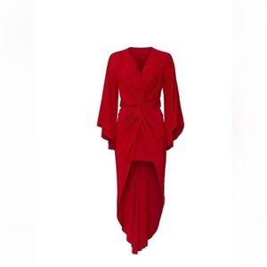 MISA Los Angeles Red Teget Twisted High Low Maxi Dress